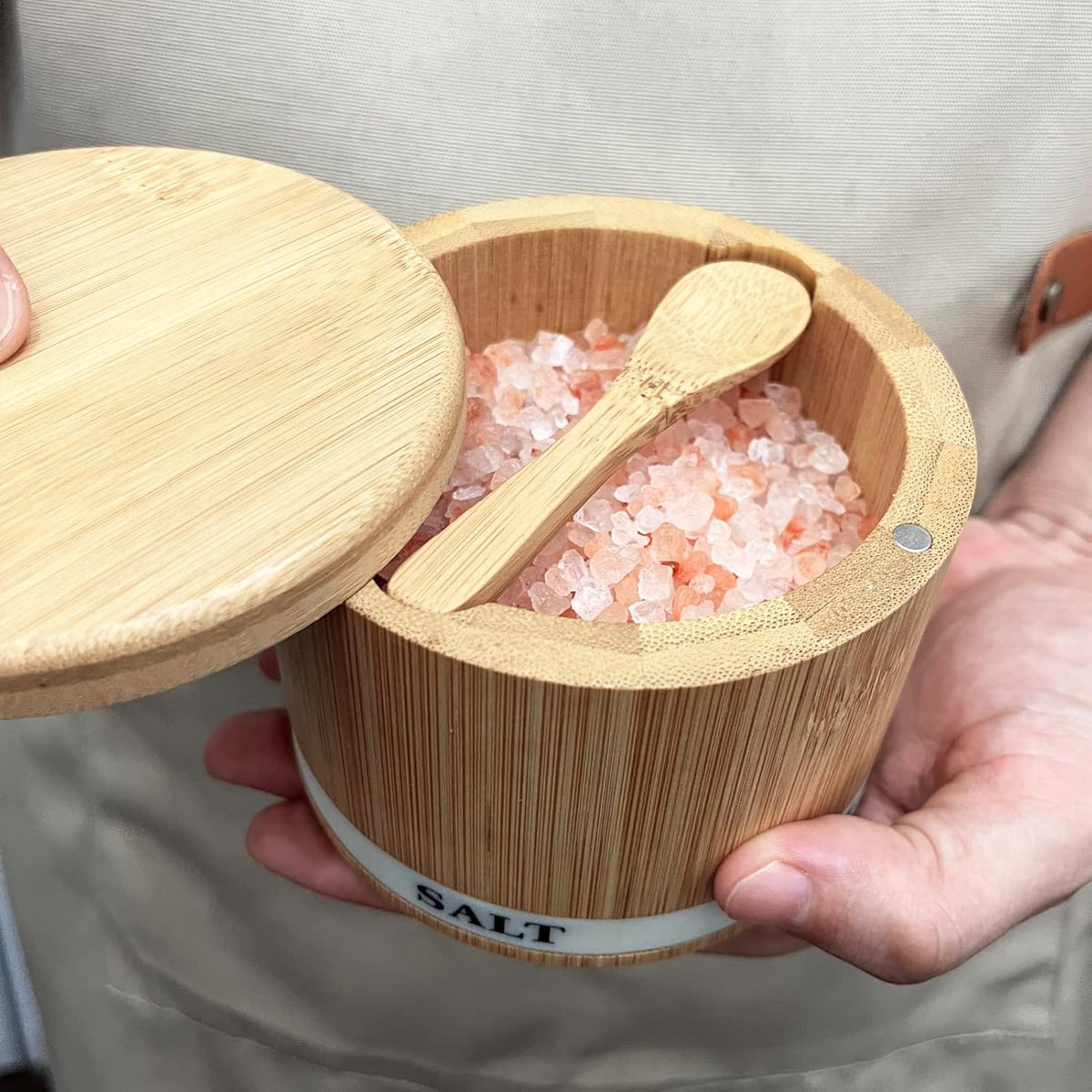 Bamboo Wood Salt Cellar with Magnetic Swivel Lid and Engraved Label | 8oz Kitchen Container for Sea Salt, Pepper, and Spices with Built-In Spoon