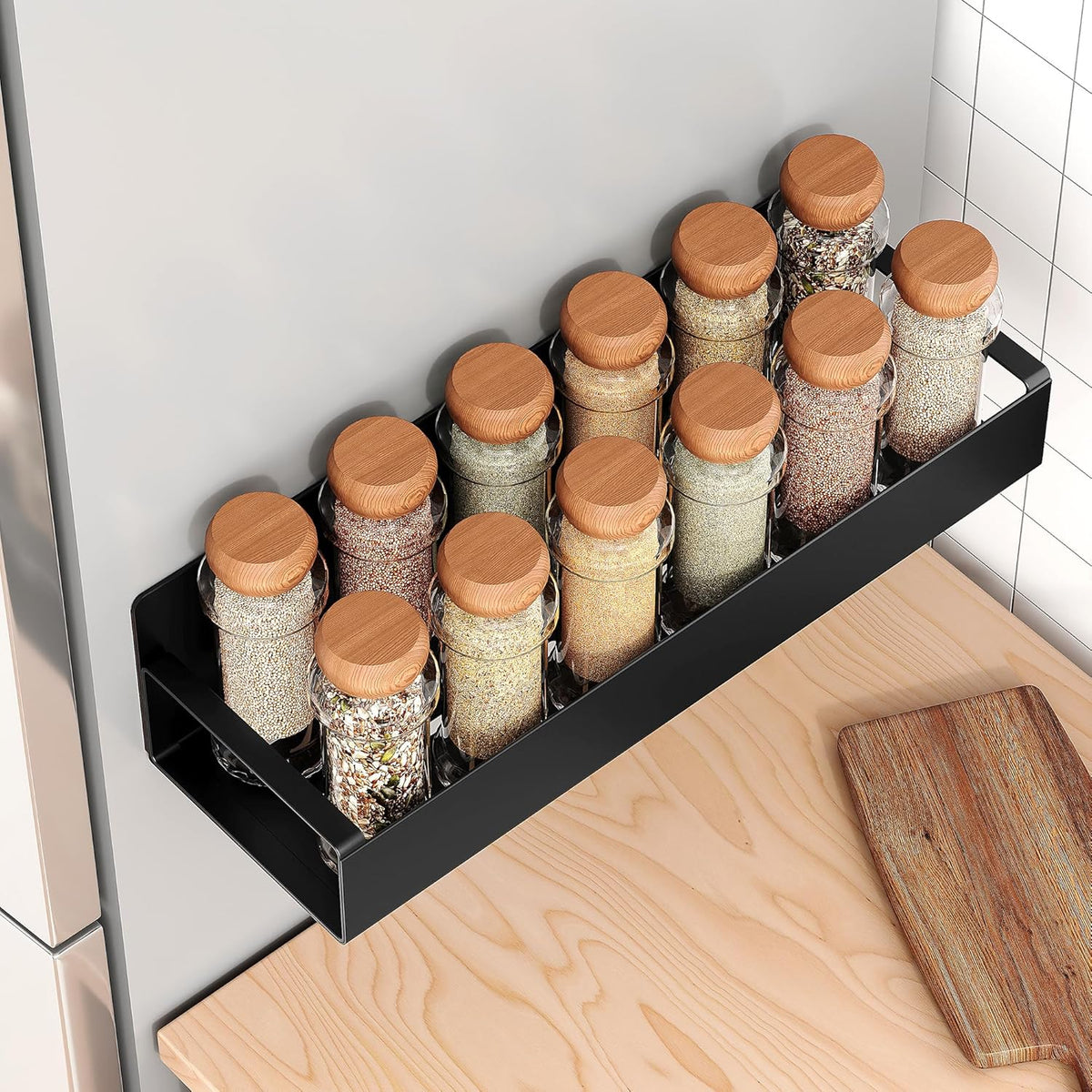 Adjustable Magnetic Spice Rack Set for Refrigerators - Black Metal (4 Pieces)