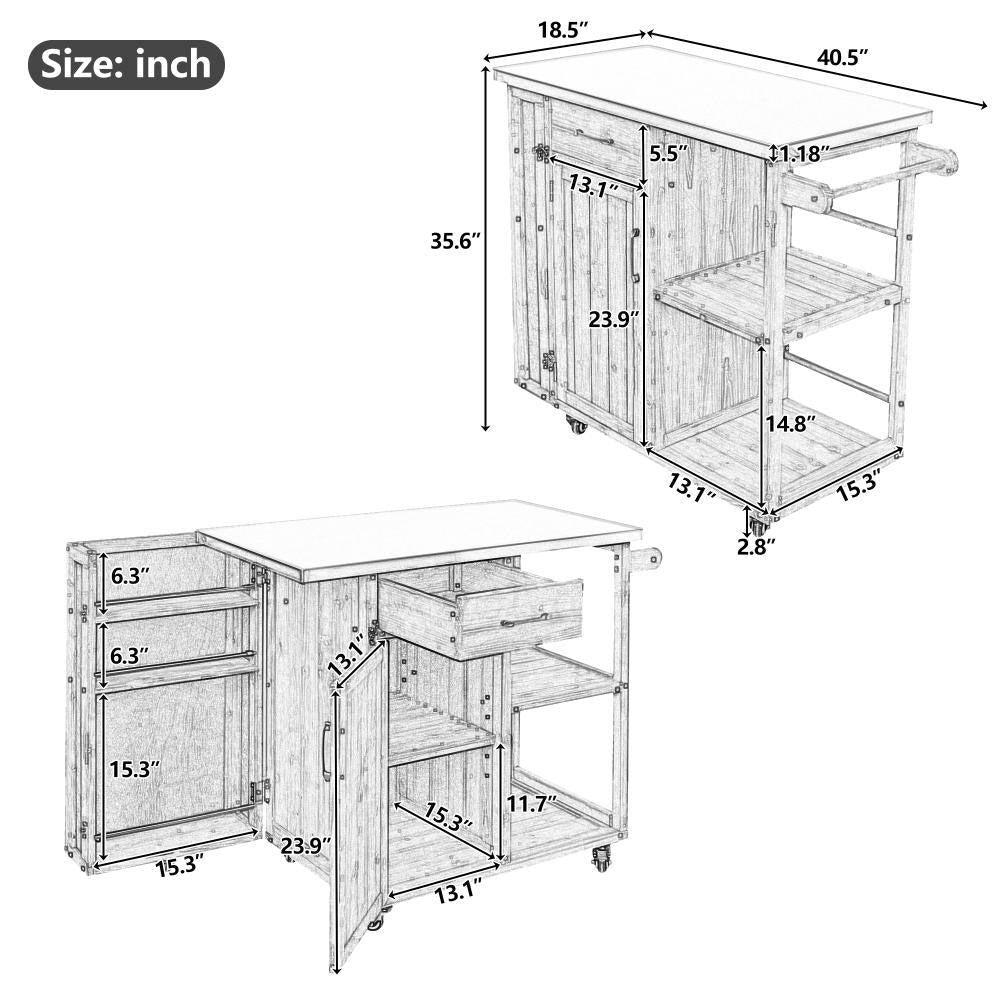 40.5-Inch Outdoor Kitchen Island Prep Station with Lockable Grill Cart, Stainless Steel Surface, and Storage Racks in White Finish
