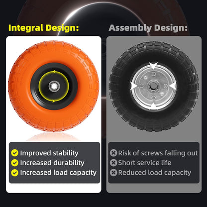 Upgraded 4.10/3.50-4 Flat Free Tires and Wheels - 10 Inch, Set of 4 with 5/8” Axle Bore and Double Sealed Bearings for Dollies, Hand Trucks, and Dump Carts