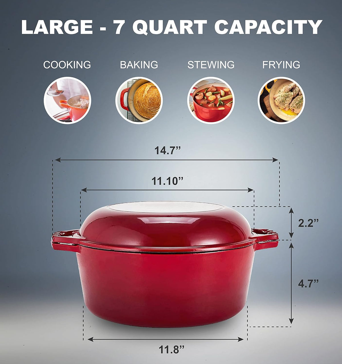 7-Quart Enameled Cast Iron Dutch Oven with Lid and Skillet Top - Multi-functional Cookware for Baking, Stews, and Roasting - Heat Resistant up to 500°F - Red Finish