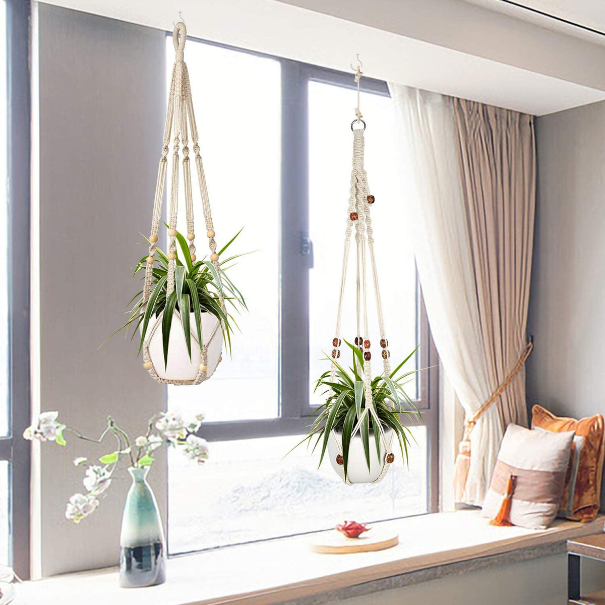 Macrame Plant Hanger Set - Pair of Elegant Hanging Planters for Indoor Home Decor