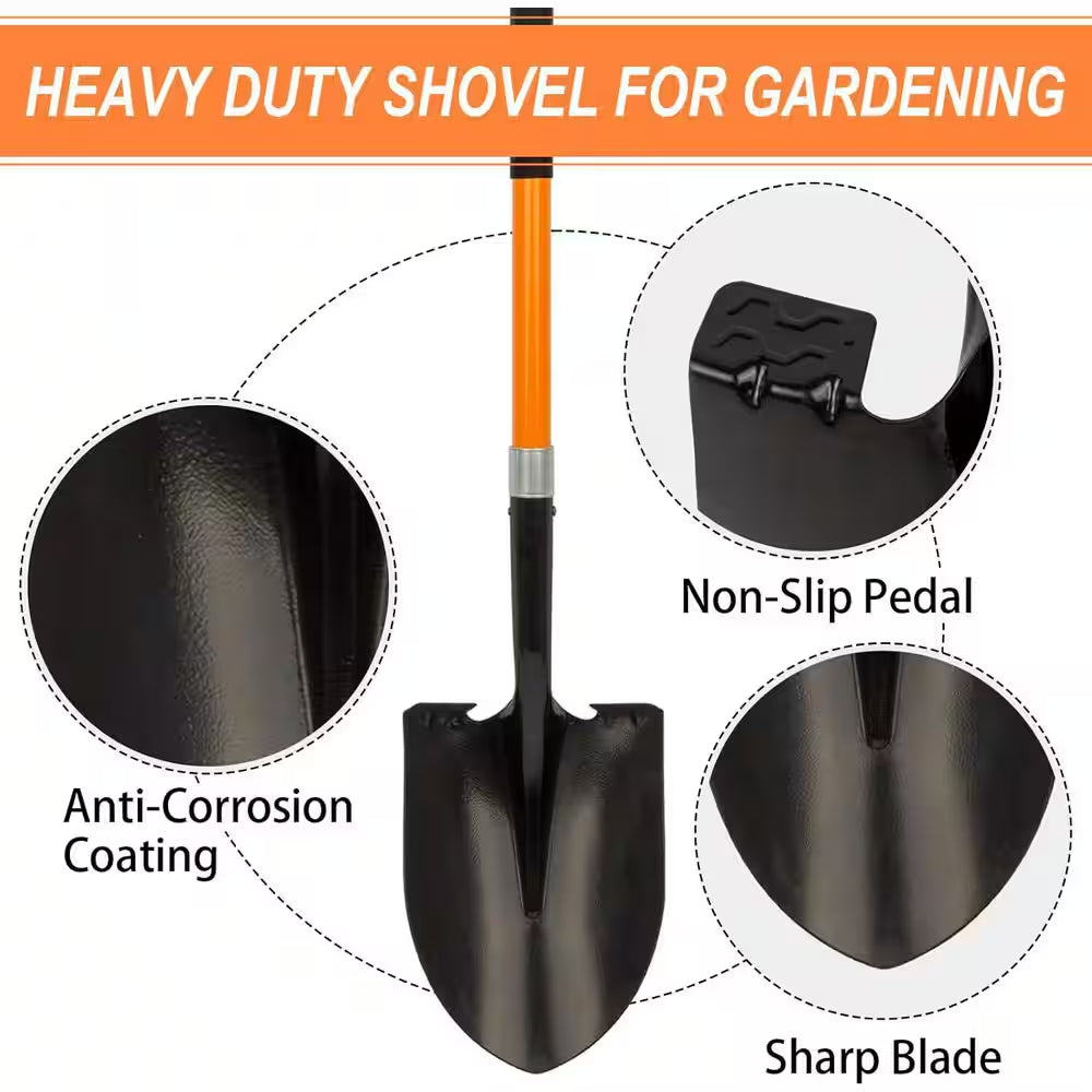 56-Inch Heavy-Duty Alloy Steel Shovel with Fiberglass Handle for Excavation