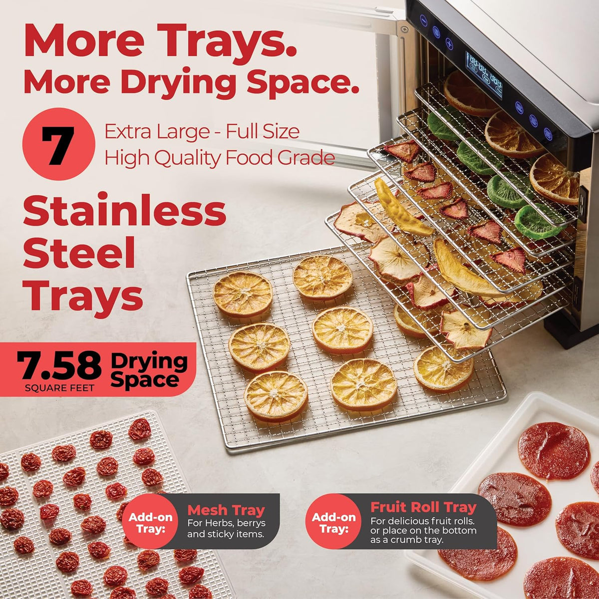 Professional Food Dehydrator with 7 Extra-Large Stainless Steel Trays - Ideal for Jerky, Dog Treats, Herbs, Meat, and Fruits | Features Keep Warm Function, Digital Timer, and Temperature Control | ETL Certified