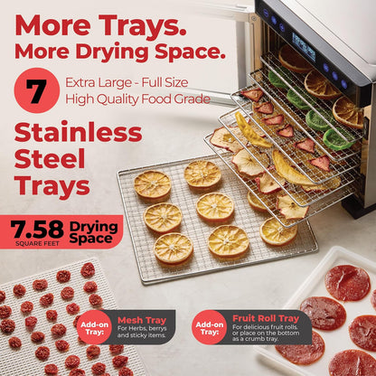 Professional Food Dehydrator with 7 Extra-Large Stainless Steel Trays - Ideal for Jerky, Dog Treats, Herbs, Meat, and Fruits | Features Keep Warm Function, Digital Timer, and Temperature Control | ETL Certified