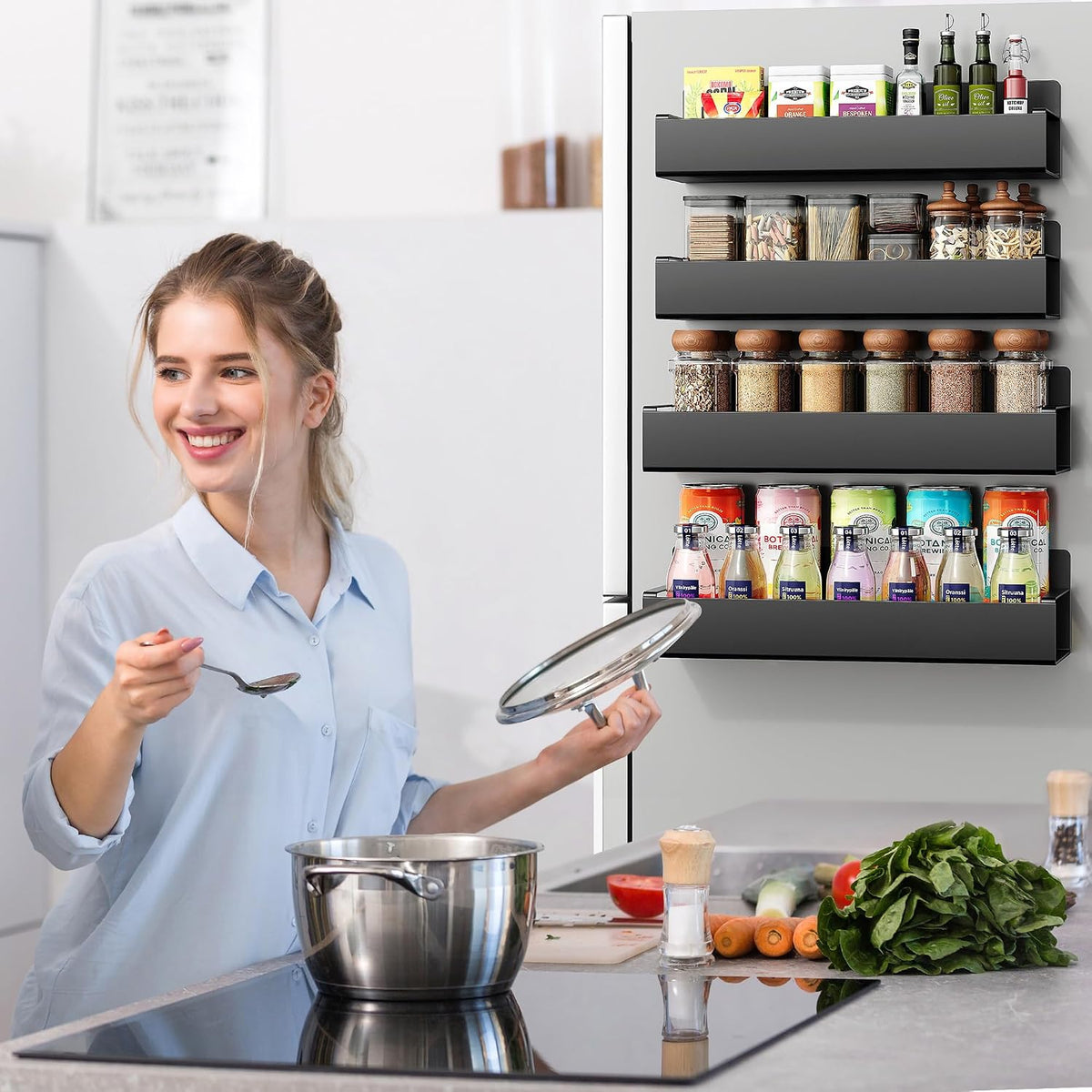 Adjustable Magnetic Spice Rack Set for Refrigerators - Black Metal (4 Pieces)