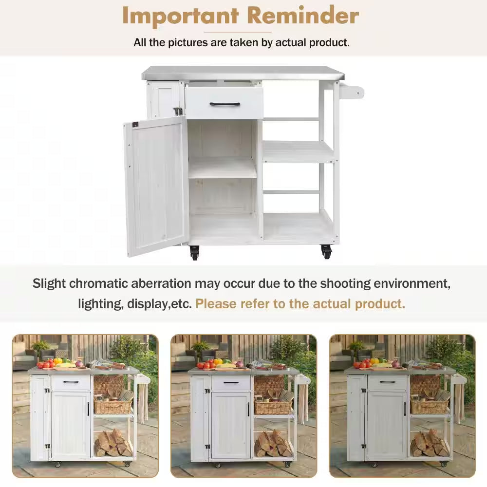 40.5-Inch Outdoor Kitchen Island Prep Station with Lockable Grill Cart, Stainless Steel Surface, and Storage Racks in White Finish