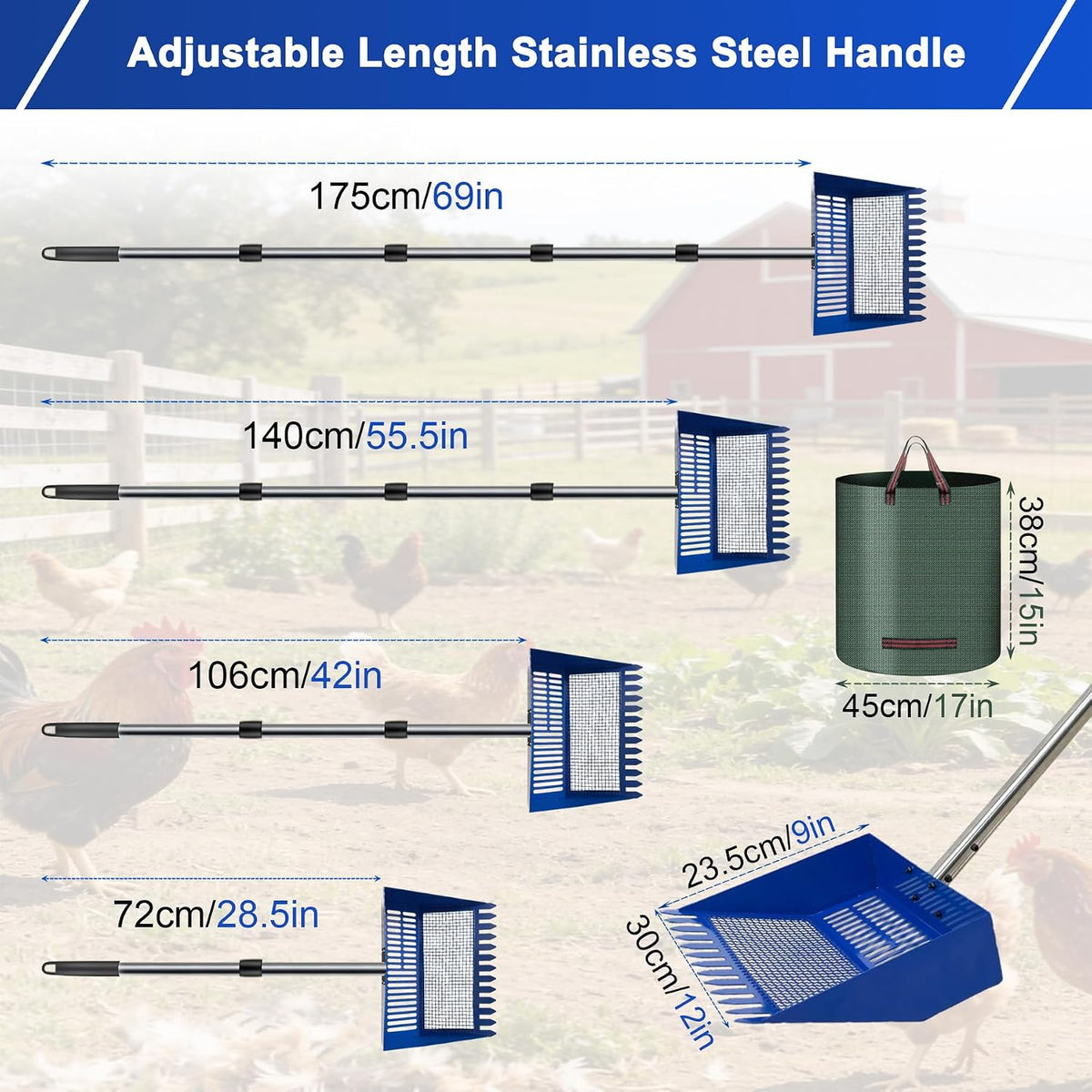 Stainless Steel Chicken Coop Waste Management Tool with Adjustable Handle and Reusable Bags