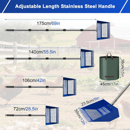 Stainless Steel Chicken Coop Waste Management Tool with Adjustable Handle and Reusable Bags