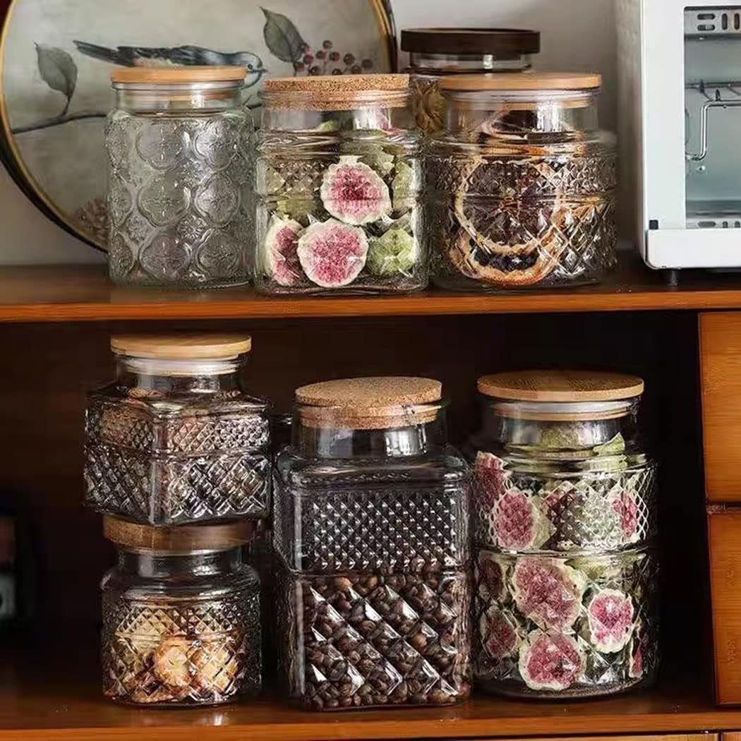 3-Piece Vintage Embossed Glass Canister Set with Bamboo Lids - 60 Oz, 40 Oz, and 20 Oz for Kitchen and Pantry Organization