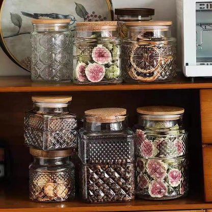 3-Piece Vintage Embossed Glass Canister Set with Bamboo Lids - 60 Oz, 40 Oz, and 20 Oz for Kitchen and Pantry Organization