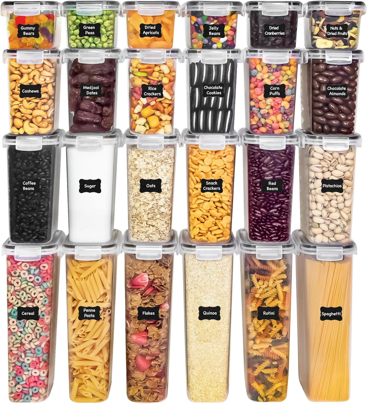 48-Piece Airtight Food Storage Container Set with Lids, Labels, Marker, and Measuring Spoons for Cereal and Dry Food Organization