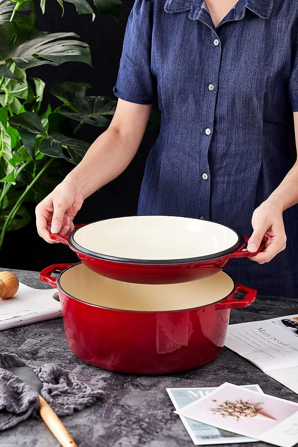 7-Quart Enameled Cast Iron Dutch Oven with Lid and Skillet Top - Multi-functional Cookware for Baking, Stews, and Roasting - Heat Resistant up to 500°F - Red Finish