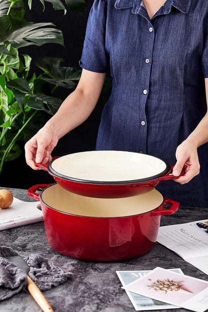7-Quart Enameled Cast Iron Dutch Oven with Lid and Skillet Top - Multi-functional Cookware for Baking, Stews, and Roasting - Heat Resistant up to 500°F - Red Finish