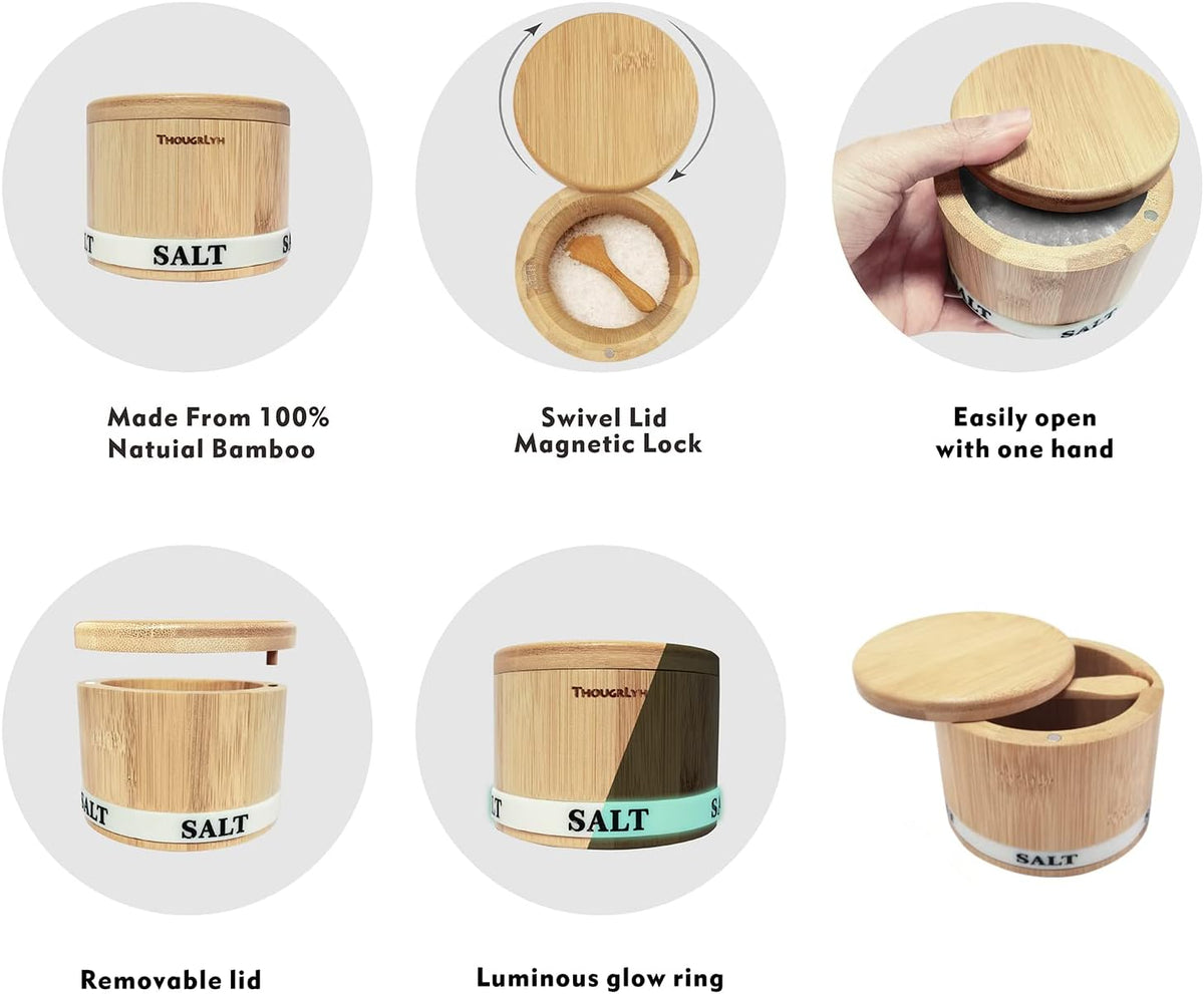 Bamboo Wood Salt Cellar with Magnetic Swivel Lid and Engraved Label | 8oz Kitchen Container for Sea Salt, Pepper, and Spices with Built-In Spoon